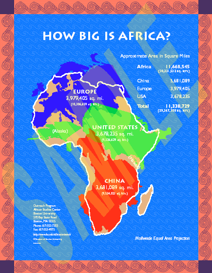 Africa is larger than Europe, America, Alaska, China, and New Zealand (not shown) combined. (Source: Boston Univ)