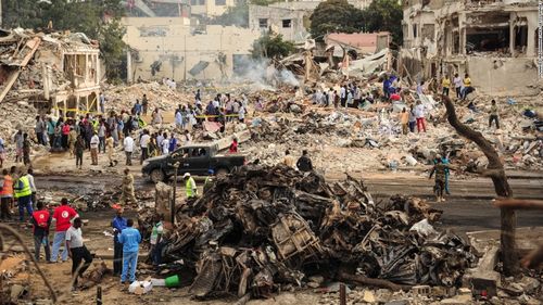 Aftermath of two car bombs in the heart of Mogadishu, Somalia, on Saturday (CNN)