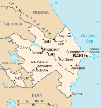 Azerbaijan. The disputed enclaves are Nagorno-Karabakh in mid-Azerbaijan, and Nakhchivan (Naxçivan), in the southwest corner of the map, separated from the rest of Azerbaijan by Armenian territory. Not shown on the map, Turkey has a 10 km border with Nakhchivan. (CIA World Factbook)