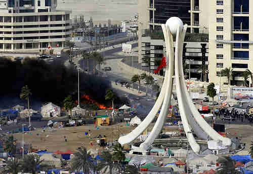 Manama's Pearl Square after March 15, 2011, Arab Spring protests. The beautiful Pearl monument was torn down by the regime on March 18, because it was thought to be encouraging protests.