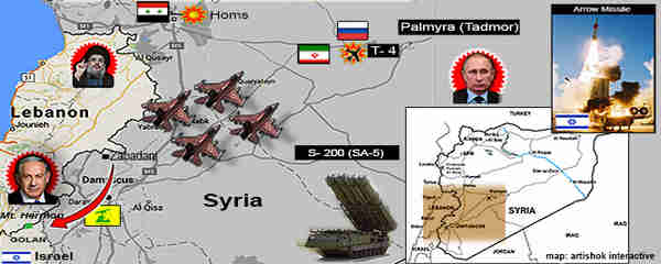 Map of region. Israeli warplanes struck Lebanon-bound convoy near the T-4 airbase near Palmyra. Syrian Russian-made S-200 ground to air missiles targeted the Israeli planes without success. One was intercepted by Israel's Arrow missile system. This map also depicts a claim by Debka that Hezbollah may be planning an attack on Israeli-held Mount Hermon. (Debka)