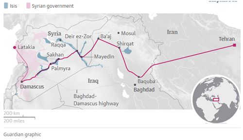 Iran's land route from Tehran to Mediterranean Sea, through Baghdad and Damascus (Guardian)