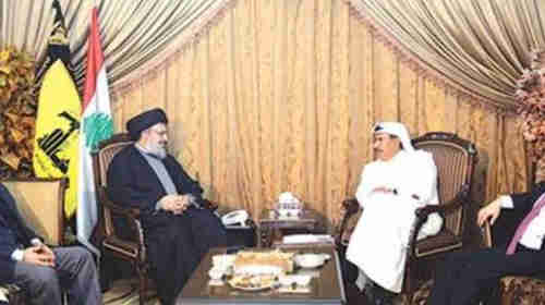 Undated image of meeting between Hezbollah leader Sayyed Hassan Nasrallah and a Qatari official (al-Arabiya)