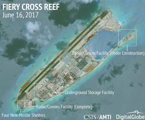 Fiery Cross Reef continues is the most advanced of China’s illegal bases, with new missile shelters, radar/communications facilities, and other infrastructure (AMTI)