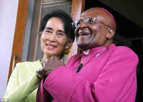Since this photo was taken, Desmond Tutu has condemned Aung San Suu Kyi over the ethnic cleansing of Rohingya Muslims in Burma (AP)