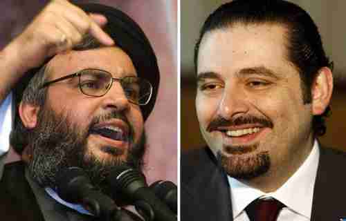 Lebanon's Hezbollah leader Sayyed Hassan Nasrallah (L) and former prime minister Saad Hariri (R)