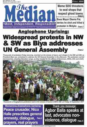The Median newspaper depicts anti-government protests while Cameroon president Paul Biya is addressing the UN General Assembly on 25-Sep (Cameroon-Concord)