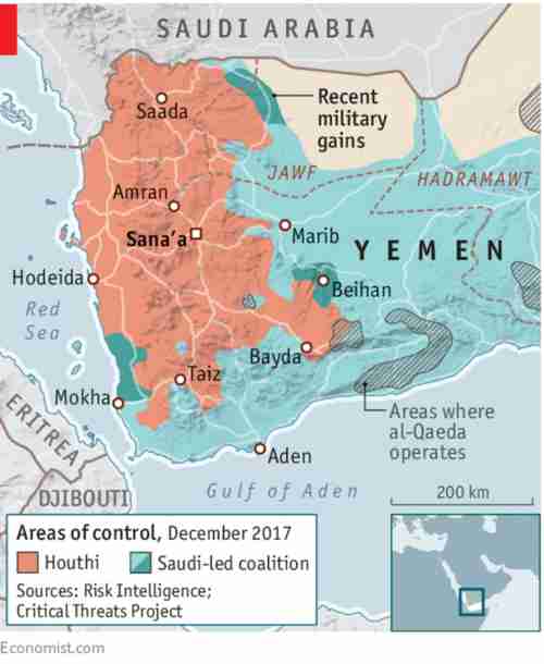Map of Yemen showing areas controlled by Houthis, Saudi-led coalition, and al-Qaeda (Economist)