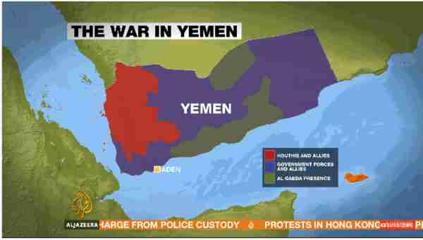 Map of Yemen showing regions held by Houthis and allies, Government forces and allies, and al-Qaeda presence (al-Jazeera)