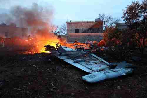 Russian warplane shot down in Idlib province last week by al-Qaeda linked Hayat Tahrir al-Sham (HTS), using a portable surface-to-air missile. (AFP)