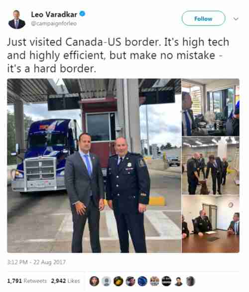 Ireland's prime minister Leo Varadkar (L) visits US-Canada border to see if the same thing would work for the Ireland - Northern Ireland border. He tweeted, 'Just visited the Canada-US border. It's high tech and highly efficient, but make no mistake - it's a hard border.'