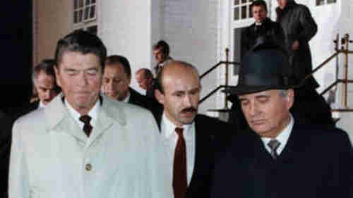 Ronald Reagan (L) and Mikhail Gorbachev (R) leave 1986 summit meeting after it collapses in mutual recriminations and accusations of bad faith and lying (ADST)