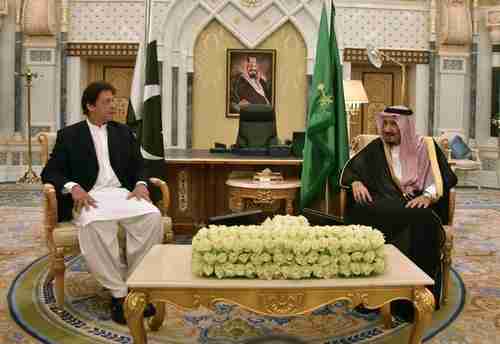 Pakistan prime minister Imran Khan meets Saudi King Salman (MBS's father) on Tuesday in Riyadh (AFP)