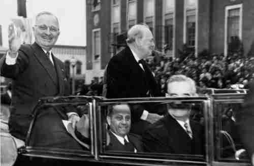 President Harry Truman and Winston Churchill in Fulton, Missouri, in 1946