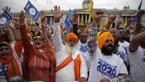 Sikh radical pro-Khalistan supporters in Trafalgar Square, London, in August (AFP)