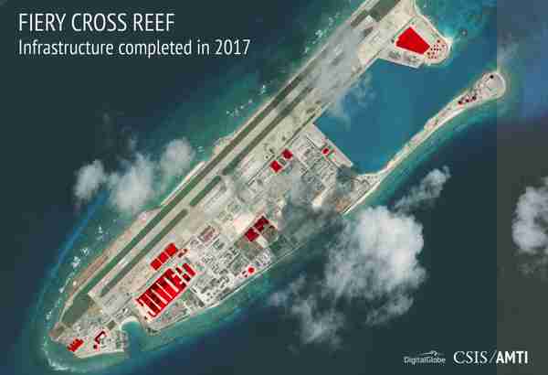 China's continuing military buildup on Fiery Cross island. This year alone, there was construction on buildings covering 27 acres, or about 110,000 square meters (AMTI/CSIS)